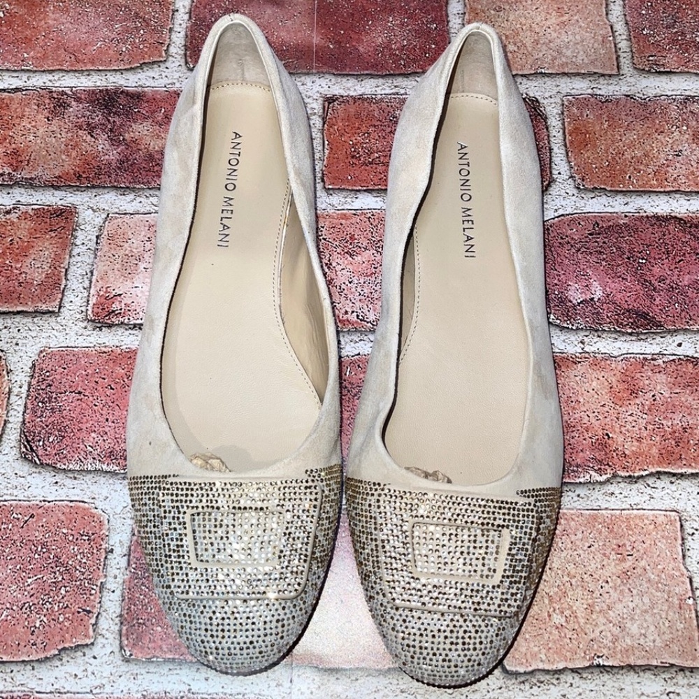 Pre-Owned Antonio Melani Cesya Beige Rhinestone Buckle Leather Suede Flats Sz 8M